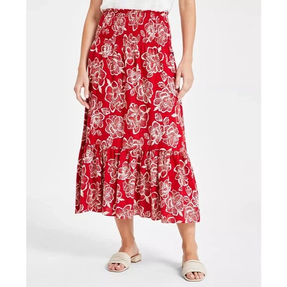 Nautica Jeans Women’s Floral Smocked-Waist Midi Skirt, Red, M - Picture 1 of 4